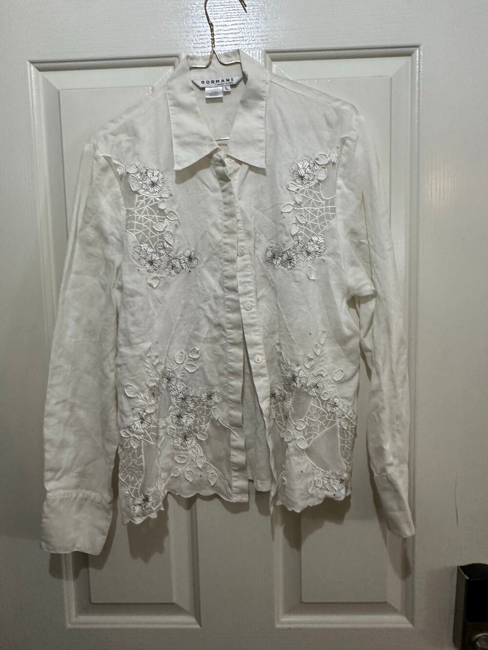Sormani Shirt Size Large White Lace Floral Embroidered Scalloped Button-Up Italy